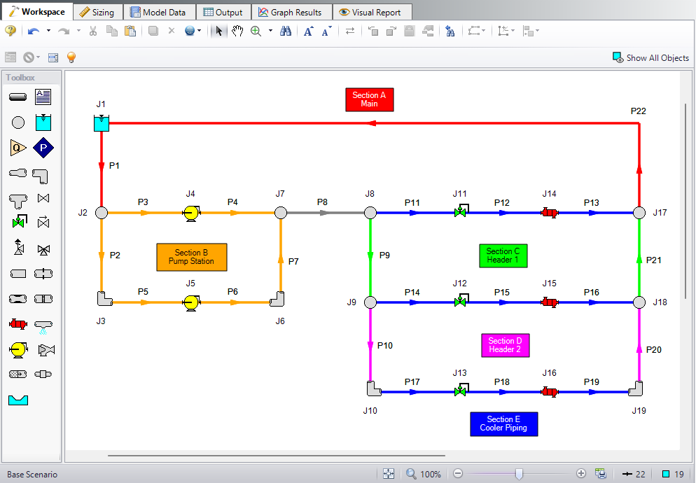 A model on the workspace with separate sections identified to create Common Size Groups.